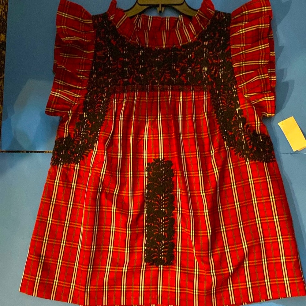J. Marie Rayna Embroidered Plaid Cap Sleeve Ruffle Neck Top, Size M, NWT